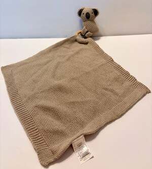 Modern Baby Tan Knit Security Blanket with Koala Wooden Teether Ring